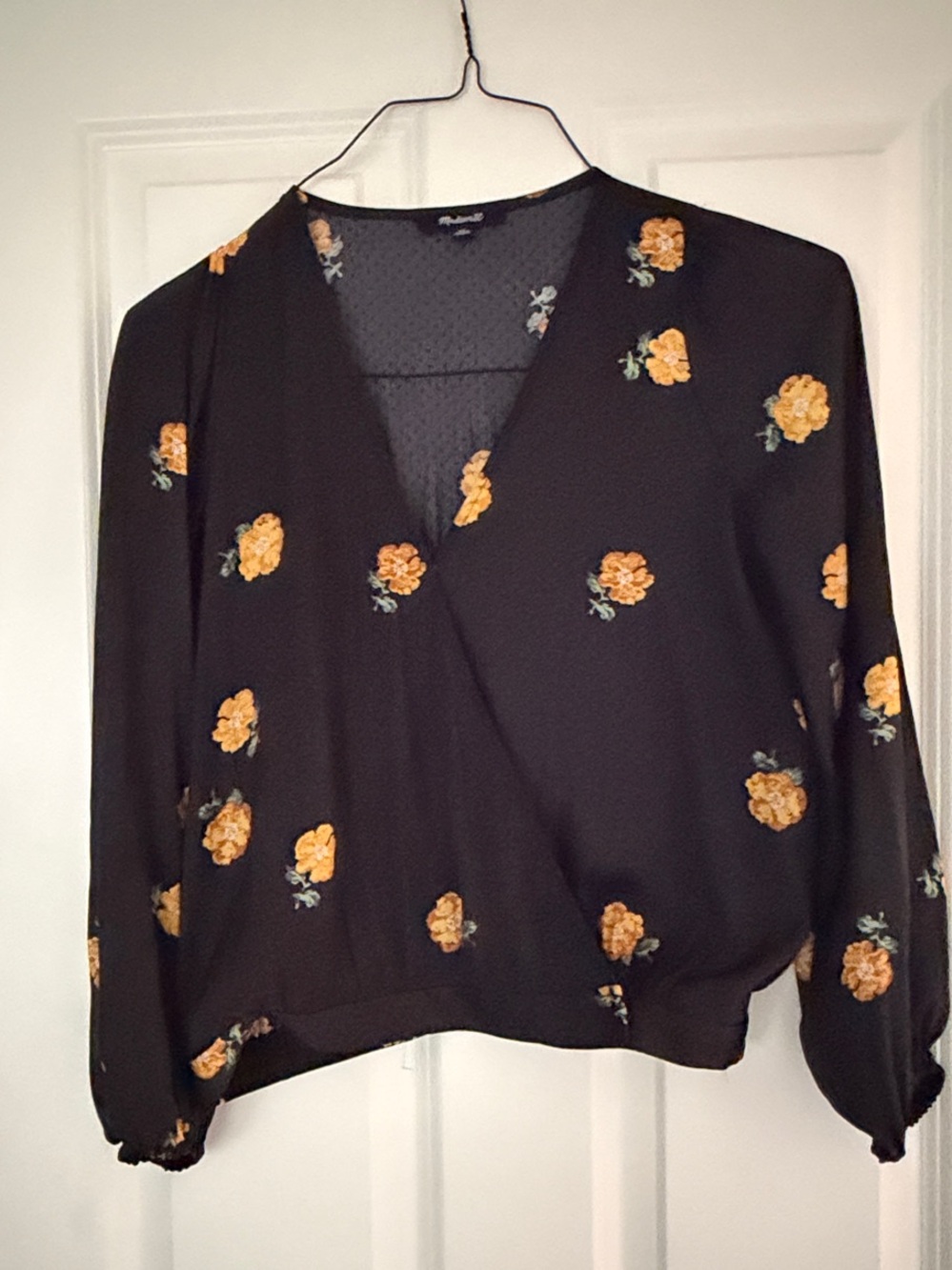 Madewell Black Floral Wrap Blouse with Yellow Flowers